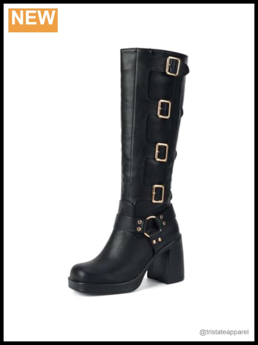 Knee High Buckle Boots Square Toe Chunky Block Heel Pull On Fleece Lined Gothic